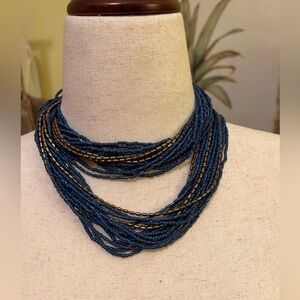 Avenue Blue and Gold Layered Seed Bead Necklace EUC
